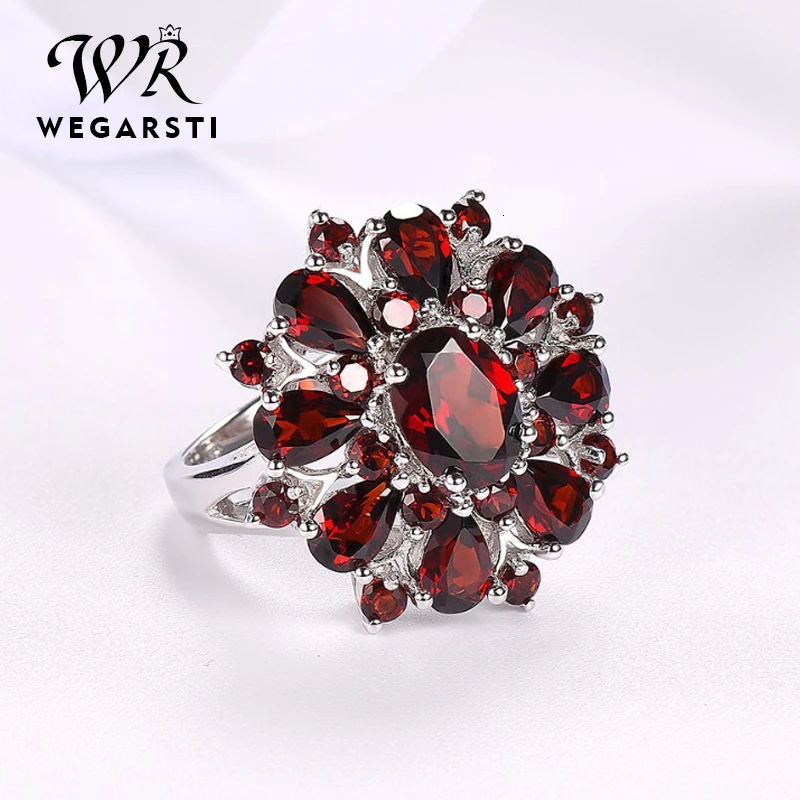 WEGARASTI серебро 925 ювелирные кольца темно-красный рубин драгоценный камень в форме цветка обручальное кольцо серебро 925 ювелирные изделия кольца для женщин вечерние