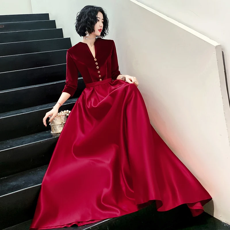 Wei yin AE0325 бордовые Длинные вечерние платья А-силуэта с v-образным вырезом элегантная Сексуальная Вечерние платья Robe De Soiree