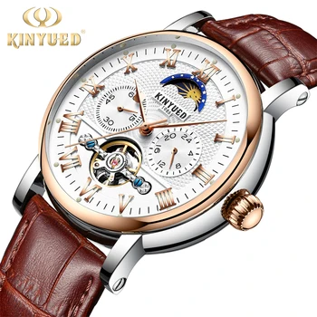 

KINYUED Mens Watches Automatic Mechanical Skeleton Watch Man Luxury Chronograph Clock Men Business Moon Phase Montre Automatique