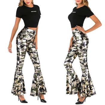 

Women's Camouflage Flare Pants High Waist Elasticated Black Gold Green Camouflage Golden Camou flage Leopard Women's Pants