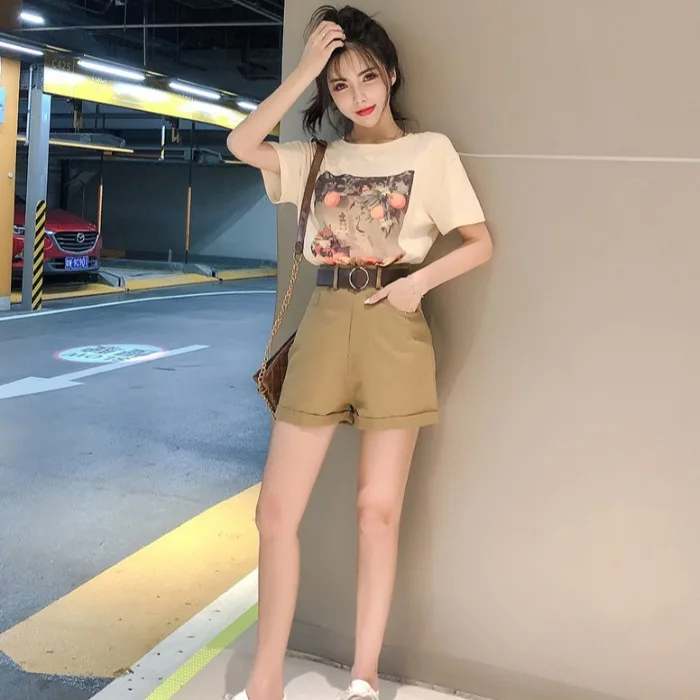 

2019 Summer Fashion New Style Retro Printed Short Sleeve Leisure T-shirt Tops + Wide-Leg Loose-Fit Shorts Two-Piece Set