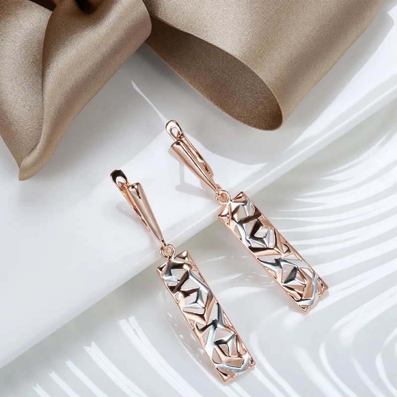 Square Wide Drop Earrings Women 585 Rose Gold Silver Color Mix Boho Long Earrings