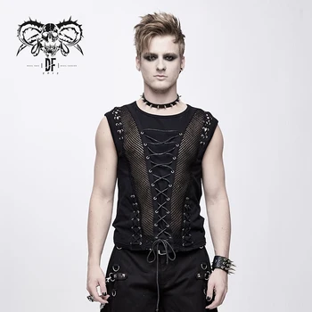 

Devil Fashion Men's Punk Mesh Splice Sleeveless T-shirt Punk Rock Corn Drawstring Cotton Handsome summer vest