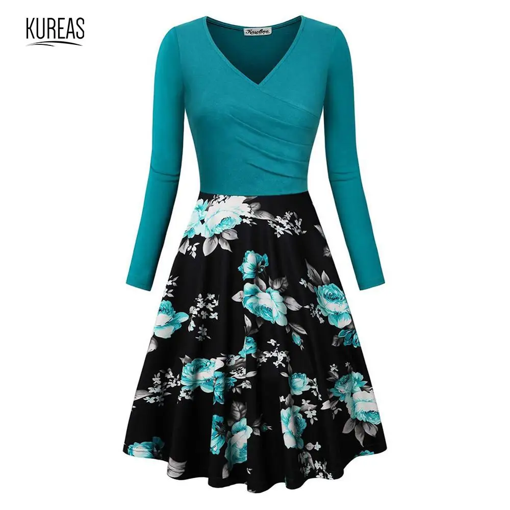 

Kureas Women Dresses Winter Autumn Fashion Patchwork Front Pleated Sexy V Neck Midi Dress Long Sleeve Floral Print