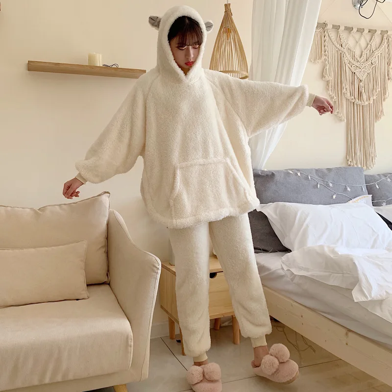 

Утепленная Пижама, женский зимний комплект одежды для сна, милая флисовая Пижама с ушками медведя, домашняя свободная пижама из двух предметов