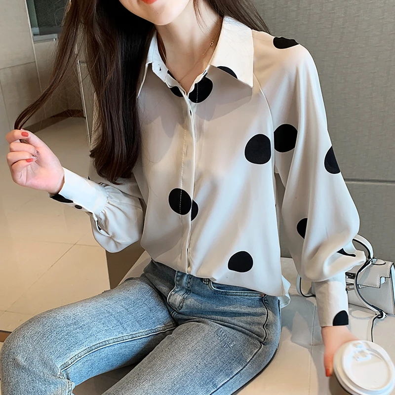 

COIGARSAM Fashion Print Shirt Womens tops New Spring Office Lady Polka Dot Full Sleeve Chiffon Loose Women shirts Apricot 6826