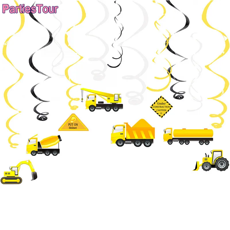 

Construction Birthday Party Hanging Swirl Decor Tractor Truck Foil Swirls Pendant Ceiling Hanging Garland Banner for Home Decor