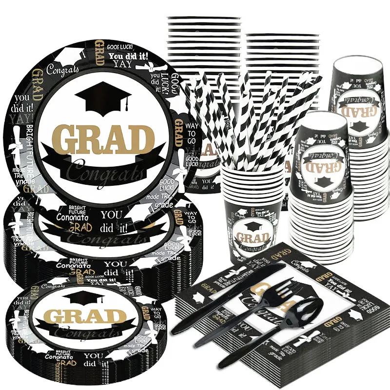 Congratulations Graduation 2021 Disposable Tableware Black Doctor Hat Print Paper Plate Cups Napkins graduation party decoration