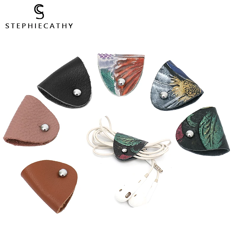 SC Genuine Leather Headphone Cable Organizer Flower Print Real Leather Cable Winder Protector Button Holder For Earphone Cords