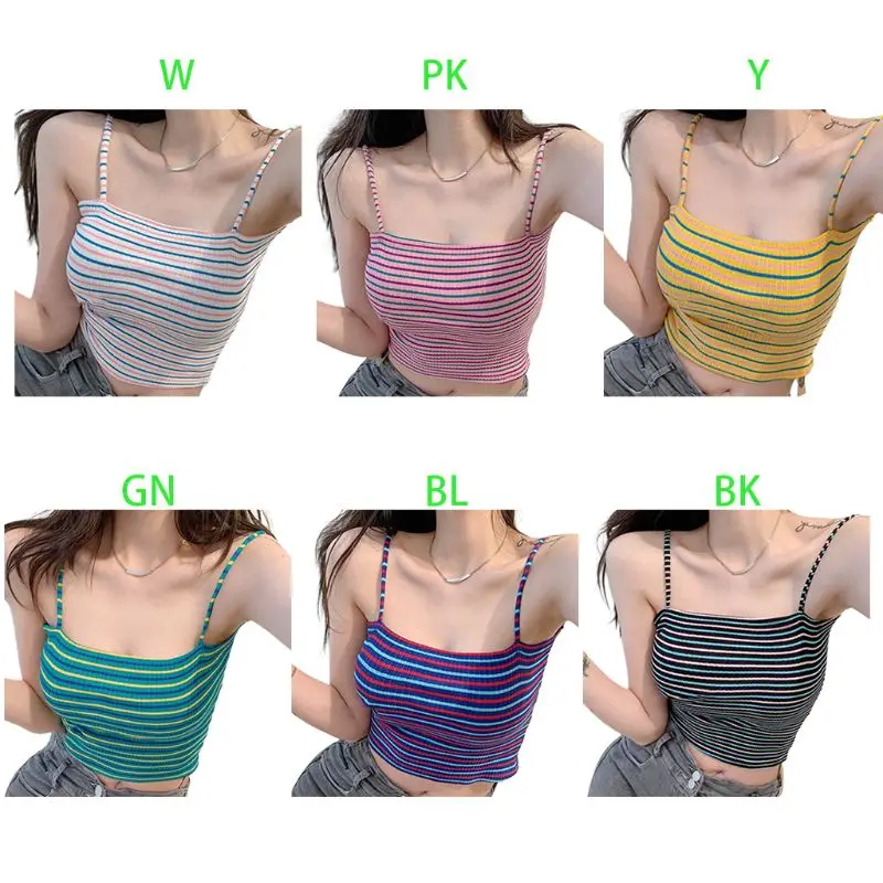 

Women Summer Contrast Colored Stripes Tops Spaghetti Straps Thread Ribbed Knitted Camisole Slim Fit Casual Beach Party Vest