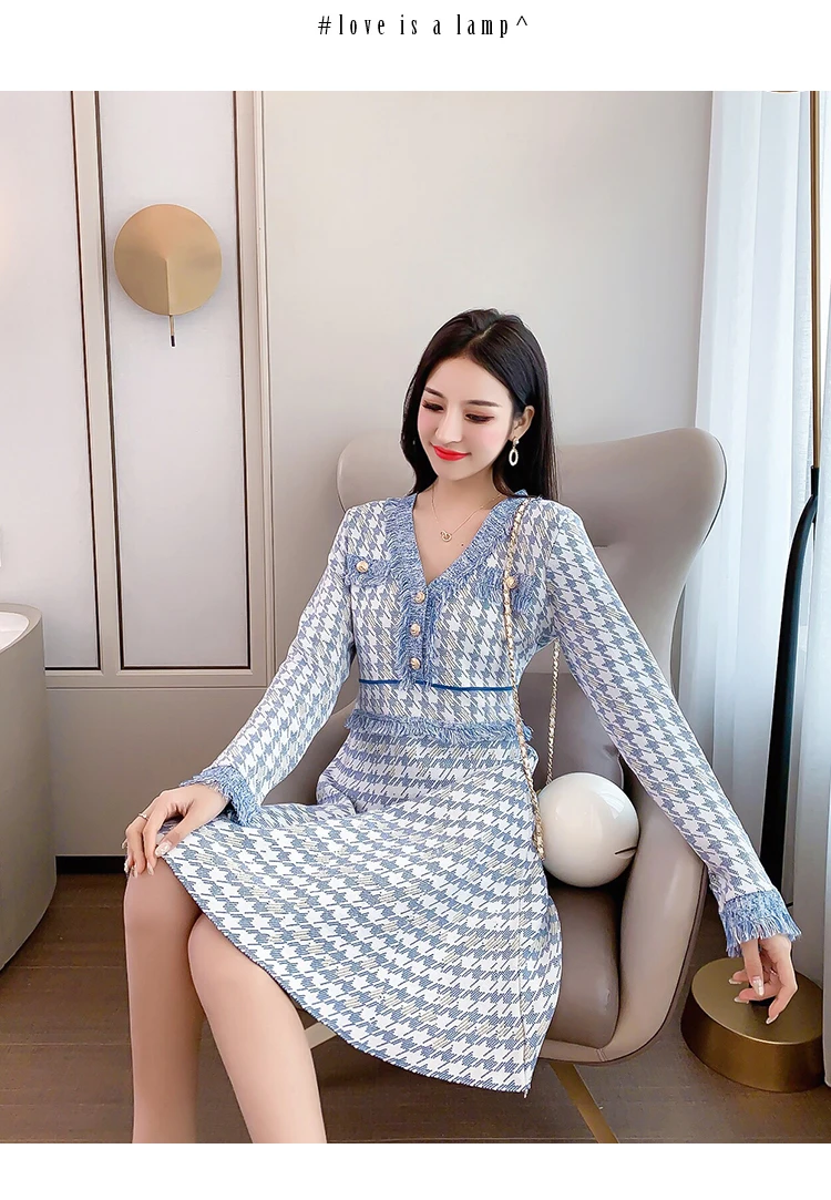 Корейское издание осеннее высококачественное новое женское платье с узором модное клетчатое платье с v-образным вырезом и длинными рукавами с кисточками вязаное платье Vestidos