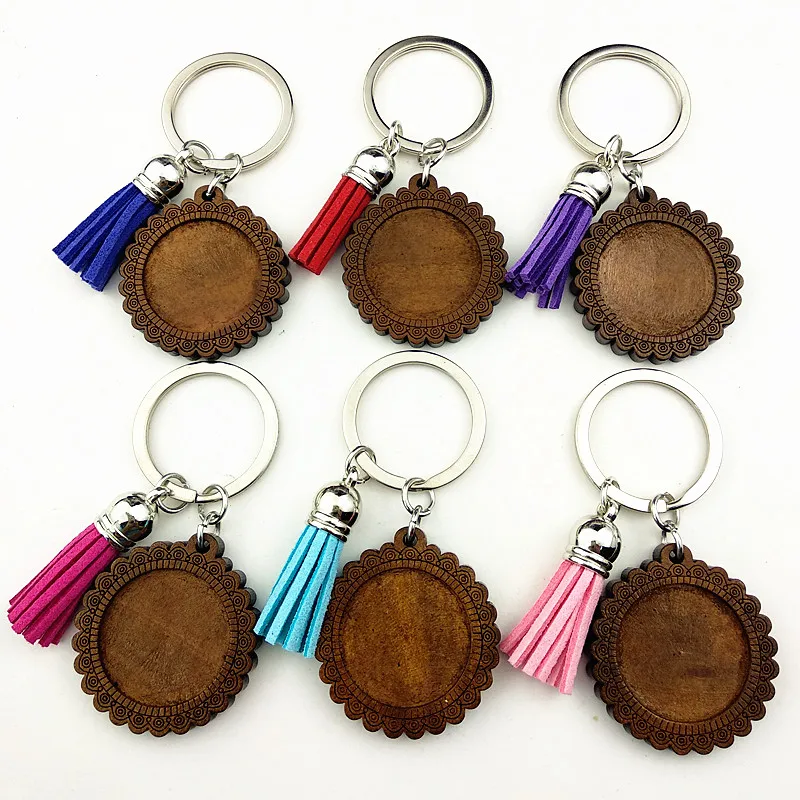 Jiangzimei 24pcs dark brown Round 25mm Wood Cabochon Stainless Steel Keychain Blank Wooden pendant with tassels Keyring | Украшения и