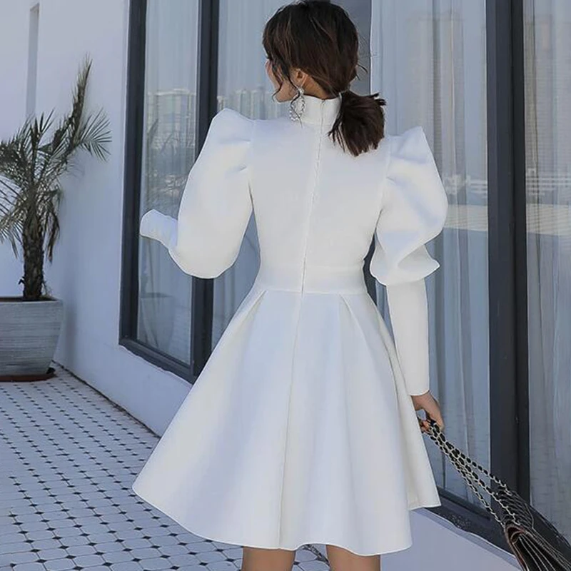 Cena TWOTWINSTYLE eleganckie sukienki dla kobiet golf Puff z długim rękawem wysokiej talii Ruffles Slim damska sukienka 2019 modna odzież