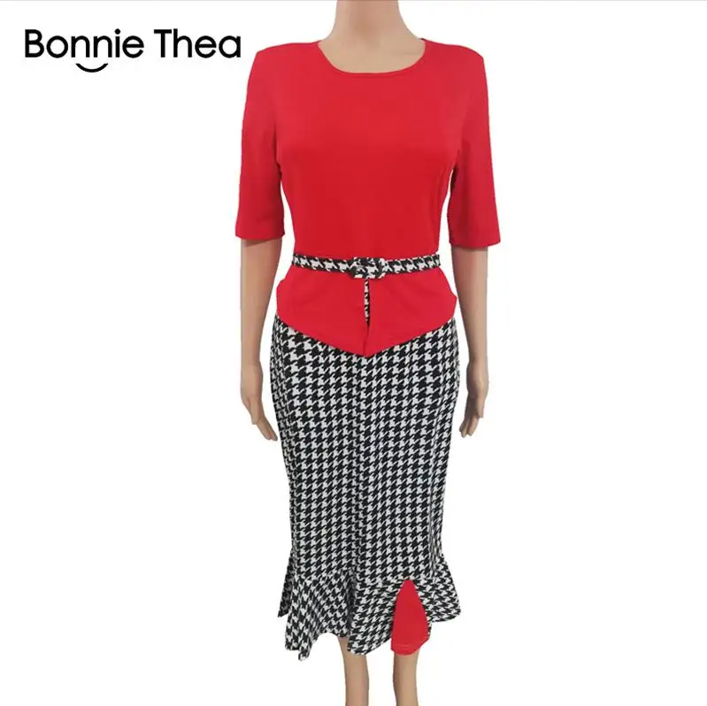 Bonnie Thea женское осеннее клетчатое платье, женское сшитое вечернее платье, офисное платье миди - Цвет: Красный