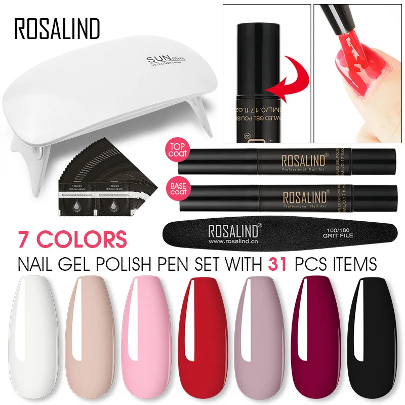 Набор ручек ROSALIND для гель-лака с УФ-лампой базовым и верхним покрытием гибридные
