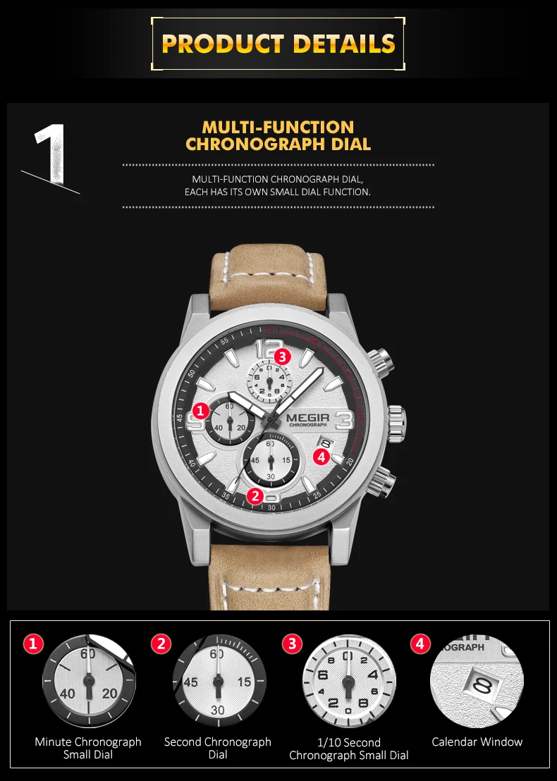 Топ бренд MEGIR, модные спортивные часы для мужчин, роскошные мужские кварцевые часы Chronogragph, часы с кожаным ремешком, армейские военные наручные часы 2026