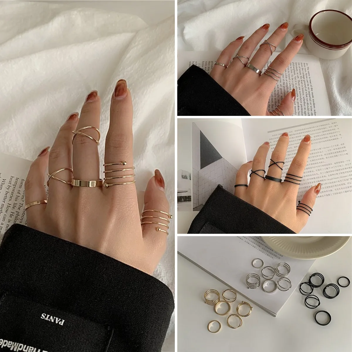 6pcs/set New Punk Finger Rings Simple Smooth Gold/black Geometric Metal For Women Girls Party Jewelry Кольцо Bijoux | Украшения и