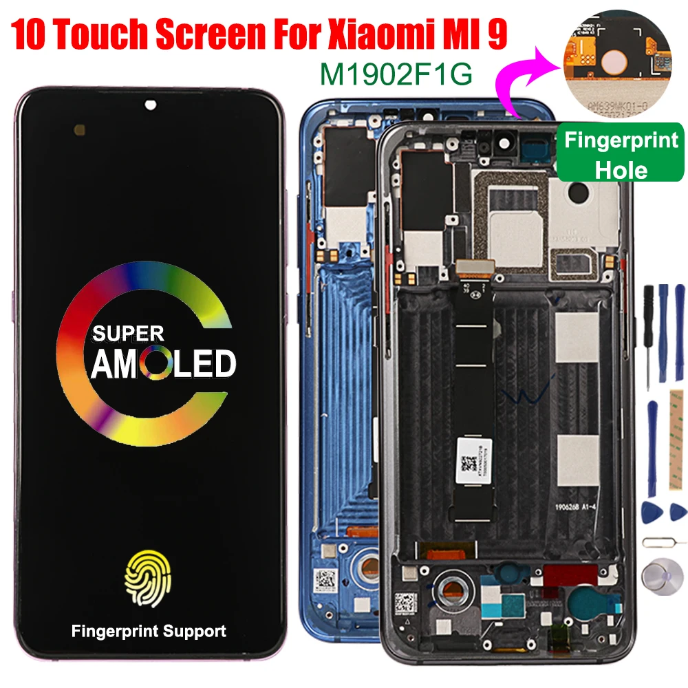 Display para Xiaomi Tela de Toque com Impressão Substituição da Tela Toque para Xiaomi Amoled Digital 10 Mi9 M1902f1g mi 9 Lcd 1 substituição da tela toque para xiaomi mi9 mi 9 m1902f1g lcd