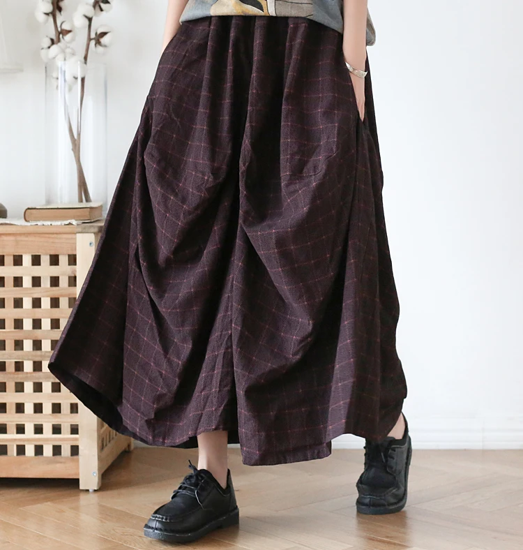 Johnature Vintage Wide Leg Pants For Women Plaid Elastic Waist Trouser Autumn New Loose Soft Women Cloths Retro Pants