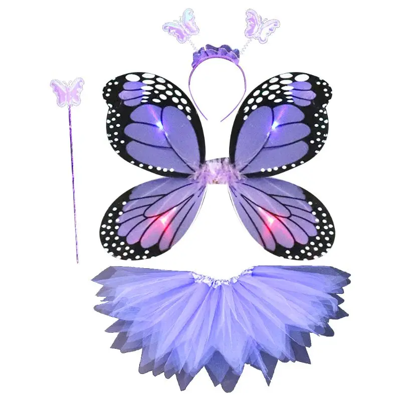 Cosplay Costume Adult Kids 4Pcs Fairy Costume Set LED Simulation Butterfly Wings Pointed Tutu Skirt Headband Wand Princess Girls Party Dress Up