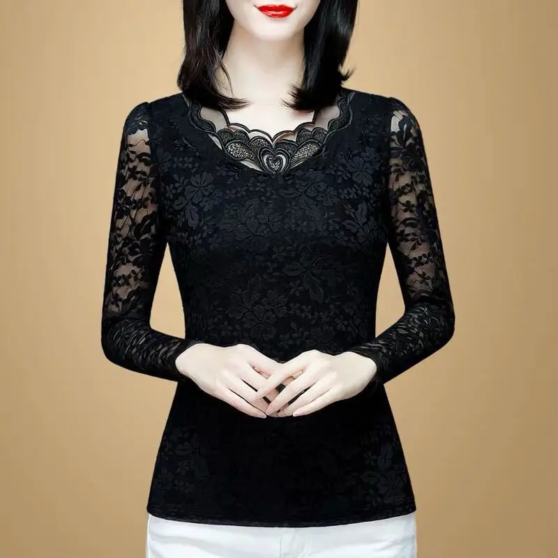 여성용 긴팔 블라우스, 레이스 셔츠, 겨울 블라우스