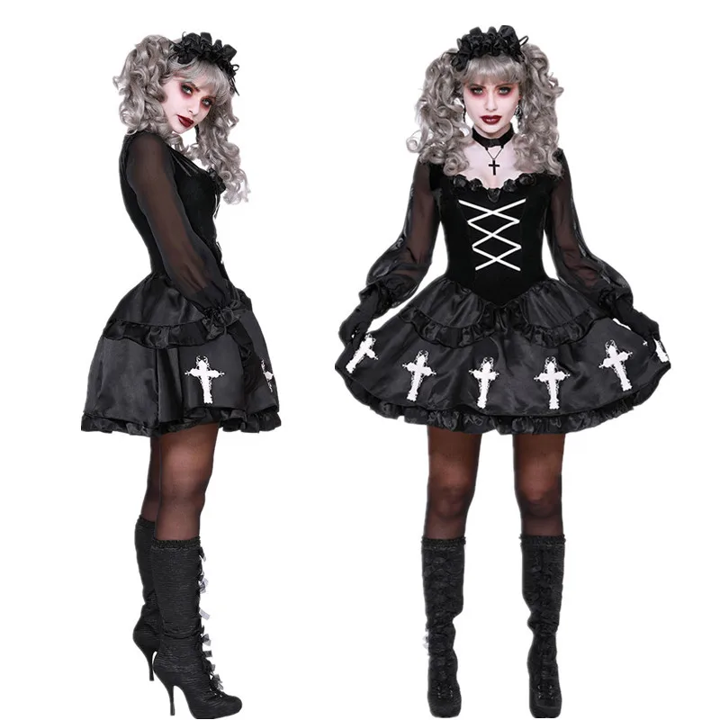 

2019 New Style Lolita Dress Vampire Zombie Cross Clothes Black And White with Pattern Ghost Bride Halloween Party