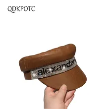 2021 Women New Hat Autumn Winter PU Leather Military Hats Fashion Casual Travel Europe America Rhinestone Letter Cap QDKPOTC