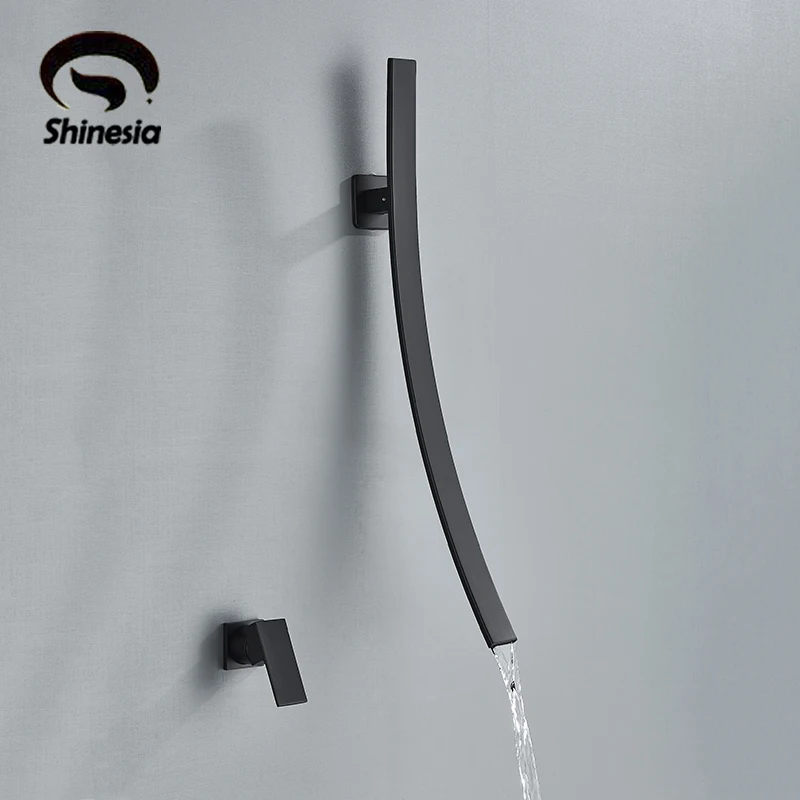 Shinesia Matte Black Bathroom Basin Faucet Wall Mounted Waterfall for Vessel Sink Hot and Cold Water Mixer Tap Crane | Обустройство