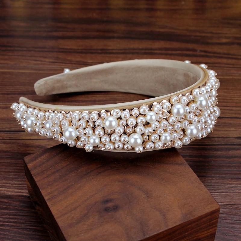 Fasce per capelli da sposa con perle piene fatte a mano per donne Fascia per capelli con perline Accessori per capelli da sposa eleganti per ragazze - immagine 2