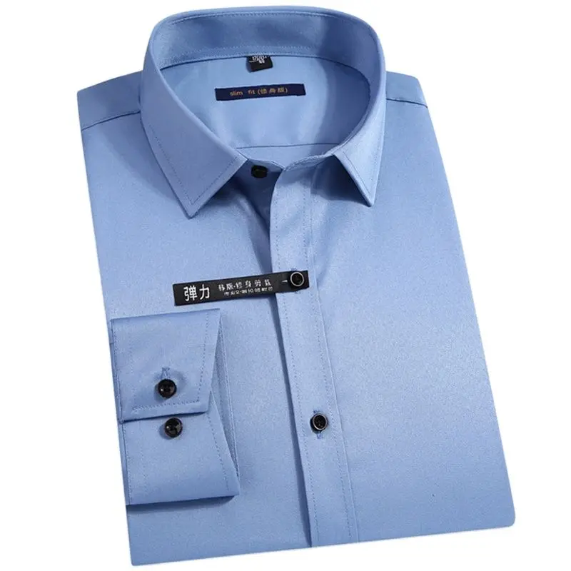 Iron Free Mens long Sleeve Shirt Bamboo Fiber Stretch Solid Dress Shirts for Men Slim Fit Quality Business without Front Pocket