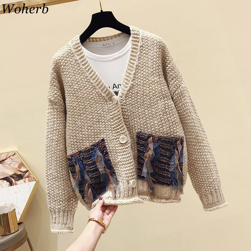 

Woherb Autumn Winter Knitted Cardigans Loose Casual Thick Sweaters Clothes Womens Jumpers Female Plus Size Coats with Pockets