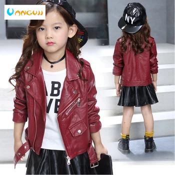 

children's pu jacket Girls motorcycle jacket kid outwear solid color Zipper belt long sleeve Casual spring Autumn fashion