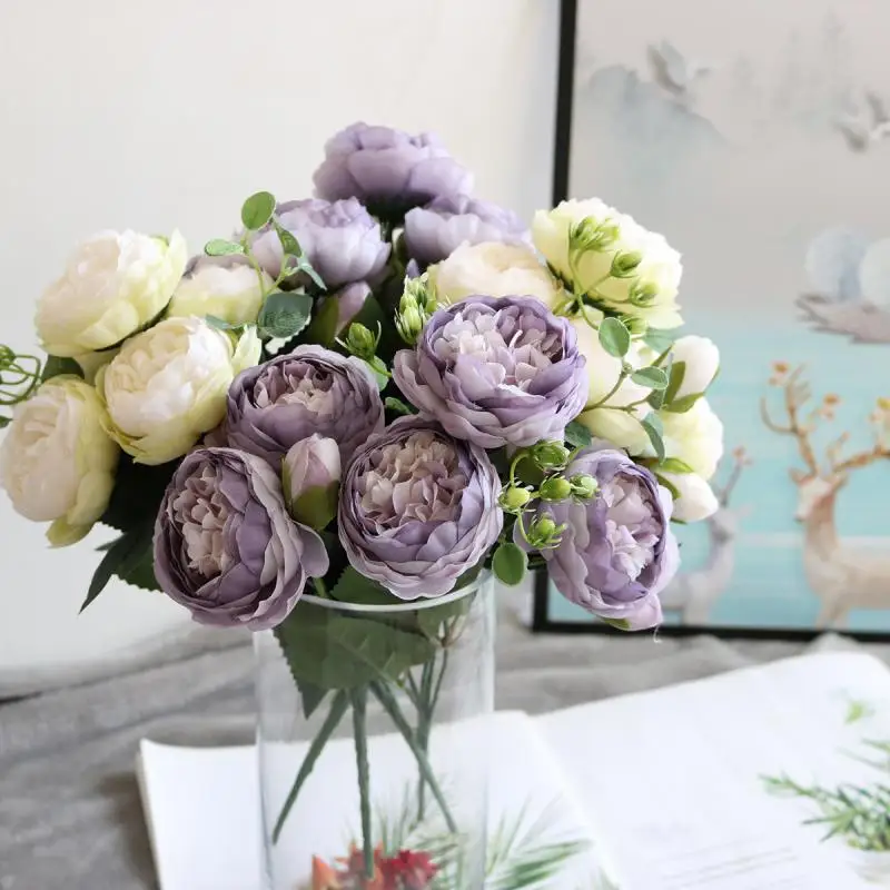 9 heads Artificial Peony Tea Rose Flowers Bouquet Camellia Silk Fake Flower flores for DIY Home Garden Wedding Decoration | Дом и сад