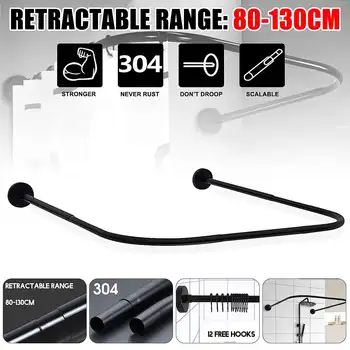 

Extendable Corner Shower Curtain Rod Pole Black Stainless Steel Rail Rod Bar Bath Door Bathroom Hardware Heavy Loaded 12 Hooks