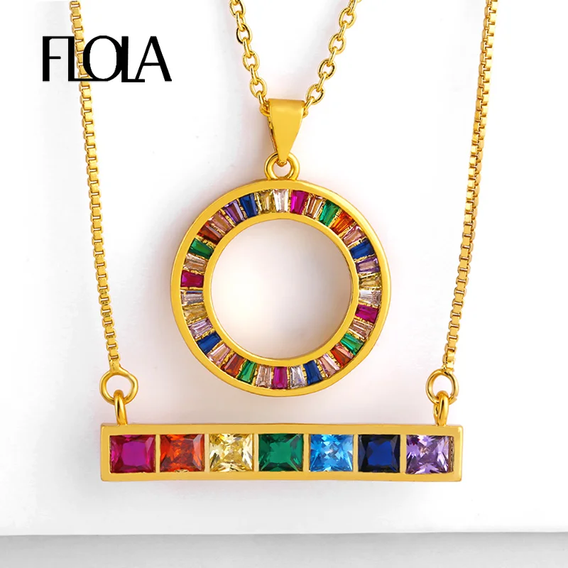 FLOLA 24K Gold Long Rainbow Necklace CZ 