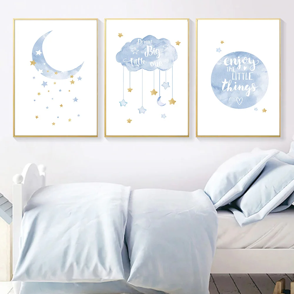 

Nursery Canvas Posters Cartoon Print Painting Blue Moon Stars Clouds Posters And Prints Wall Pictures For Kids Bedroom Decor