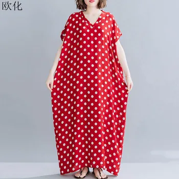 

Retro Summer Dress Women Sundress Plus Size Batwing Red Polka Dot Maxi Dress For Woman Large Size Vintage Cotton Linen Dresses