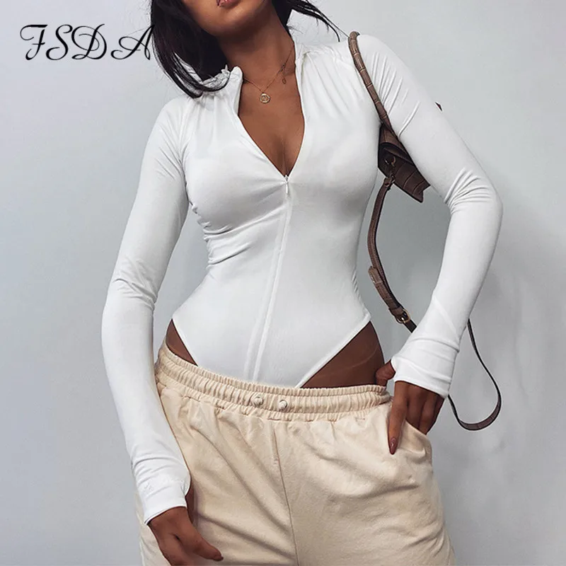 FSDA-Body con cremallera y cuello en V para mujer, Body Sexy de manga larga en negro, Top informal para fiesta, color blanco, Otoño e Invierno 2020