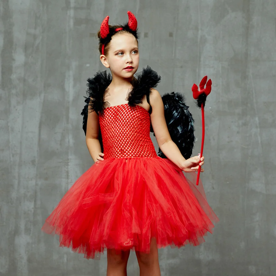 Wicked Red Devil Girls Tutu Dress Kids Halloween Cosplay Carnival Party Costume Handmade Tulle Children Fancy Satan Demon Dress (4)