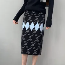 Осенне-зимняя черная теплая вязаная юбка в клетку с геометрическим рисунком и стразами для женщин, женские юбки, Женская рабочая одежда saia saias