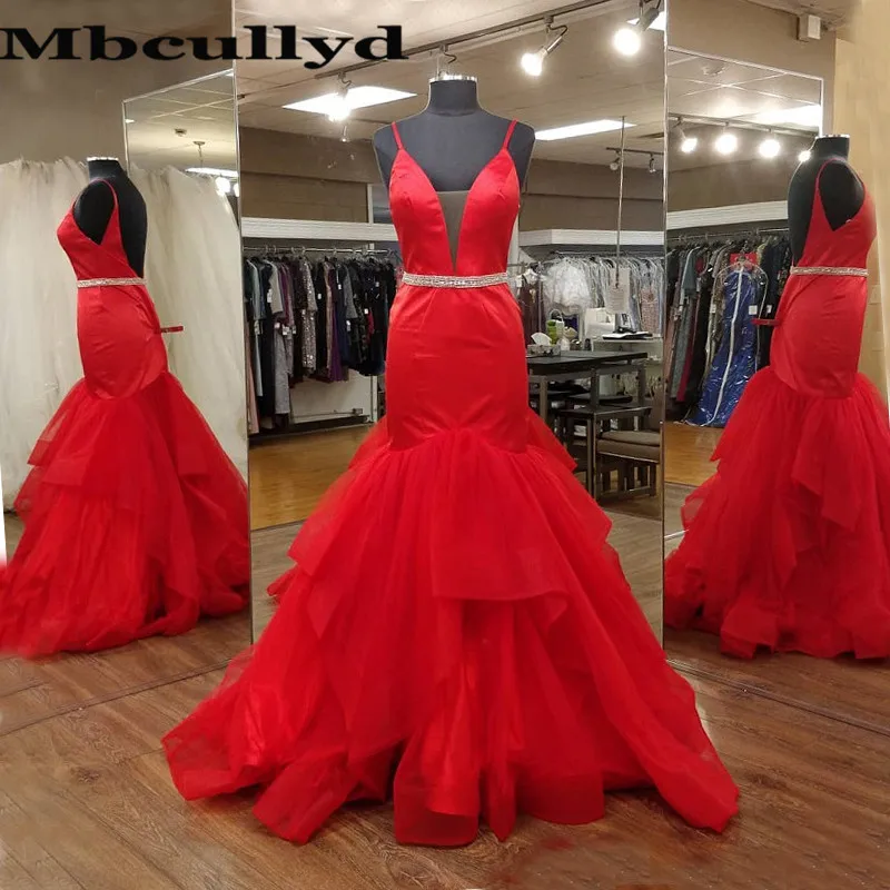 

Mbcullyd Cascading Ruffles Red Prom Dresses Long 2023 Charming Mermaid Dress For Evening vestidos de formal rochii de seara