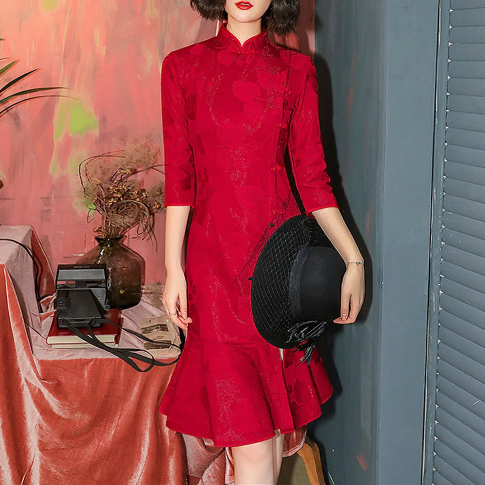 

Party Dress Red Vintage Mermaid Print Split Stand Collar Button Half Sleeve Retro Women Party Night Evening Dresses 2020