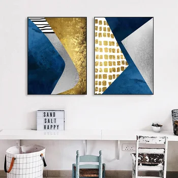 

Modern Abstract Blue Gold Spliced Painting Geometry Mountain Canvas Poster Art Wall Picture for Living Room