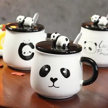 

Creative Panda Ceramic Cup with Lid Spoon Cute Cartoon Mugs Children Breakfast Milk Coffee Cup Mug Drink-ware Gifts for Friends