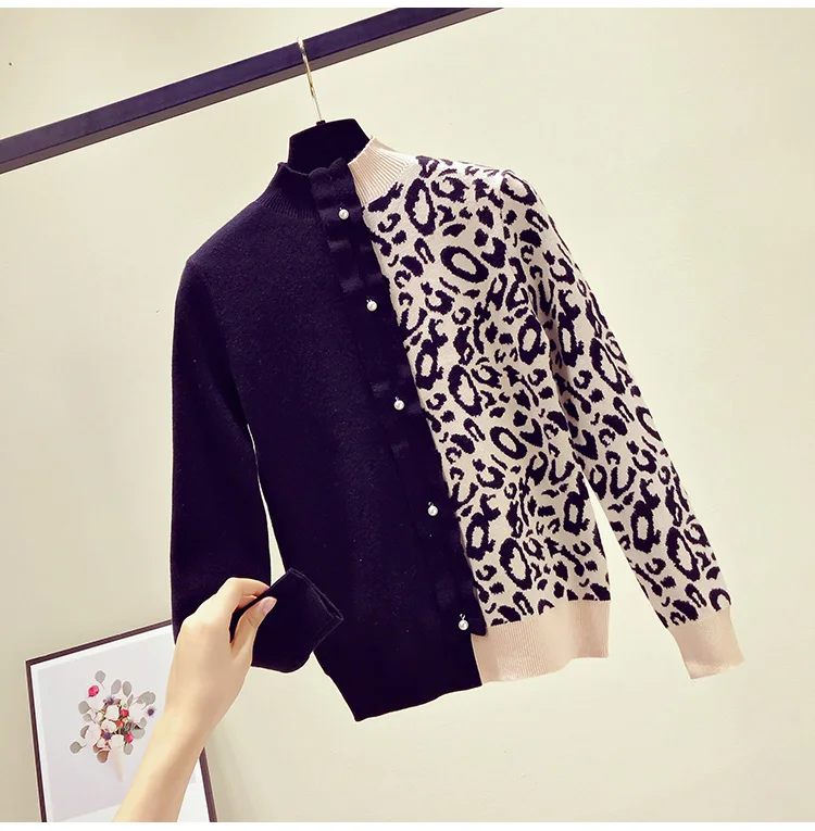 Леопардовым принтом лоскутное Ruffled свитера с длинным рукавом жемчуг бисером вязаные пуловеры топы