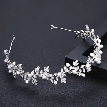 

Accking luxury glittering Crown Wedding Bridal pearl Cubic Zirconia white plated zircon tiara headband For women girl party
