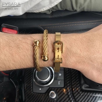 

FYSARA 2pcs/Set Gold Silver Color Belt Bracelets Bangles for Men Stainless Steel Cable Wire Cuff Bracelets Adjustable Size