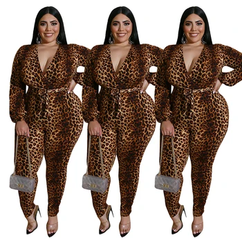 

Autumn Women Jumpsuit Office Lady Plus Size Jumpsuit with Lace-up Belt V-neck Leopard Jumpsuits Slim Fitting Wholesale Dropship