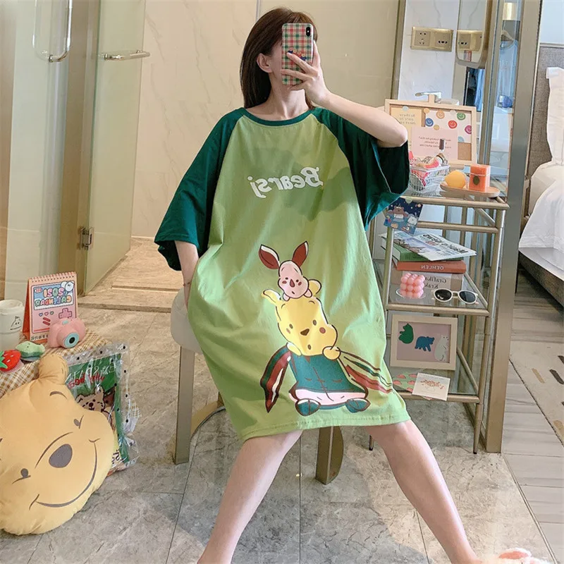 Cartoon Mickey Duck Fashion Print Summer Short Sleeve Nightdress Pajamas Women's Summer Long Skirt Loose Home Wear Pajamas 4