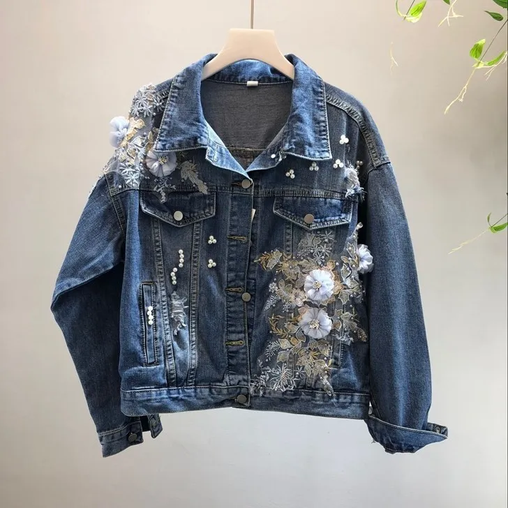 2018 Autumn New Women Denim Jacket Fashion Beading Embroidery Hole Jean ...